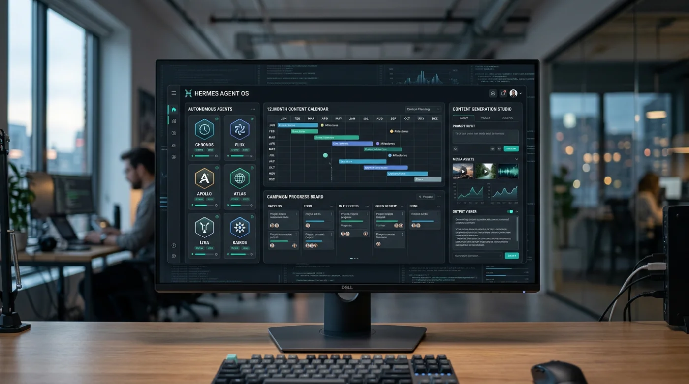 Nowoczesny system operacyjny AI Hermes Agent OS z widokiem na centralny panel sterowania, kalendarz treści i autonomiczne zespoły agentów.