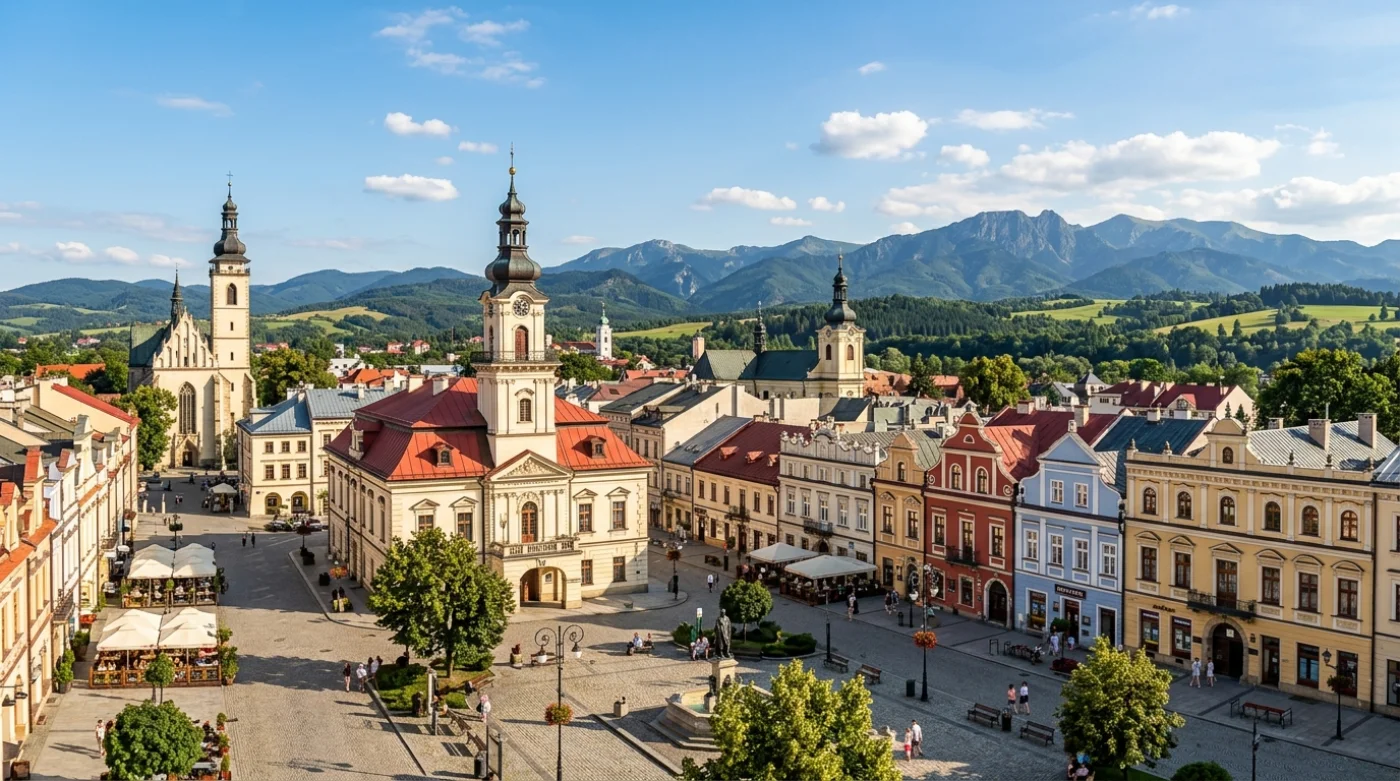Widok na historyczny rynek w małym polskim mieście z charakterystycznymi kolorowymi kamienicami i kościołami w tle górskiego krajobrazu.