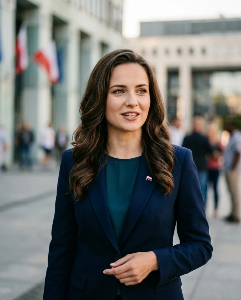 Portret młodej kobiety o długich, ciemnych włosach w eleganckim granatowym garniturze, stojącej na tle budynku z flagami Polski i Unii Europejskiej.