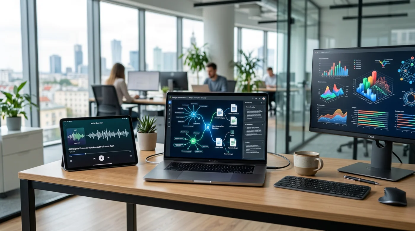 Nowoczesny stół pracy z laptopem Google Notebook LM, na ekranie widoczne są automatycznie aktualizujące się mapy myśli i dokumenty, obok tablet z podcastem AI w nowoczesnym biurze.