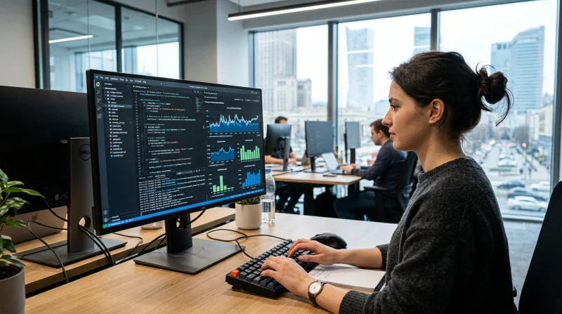 Młody programista pracuje w nowoczesnym biurze nad kodowaniem i analizą danych na dużym monitorze; widok zza jego pleców podkreśla zaawansowaną technologię i profesjonalne środowisko pracy.