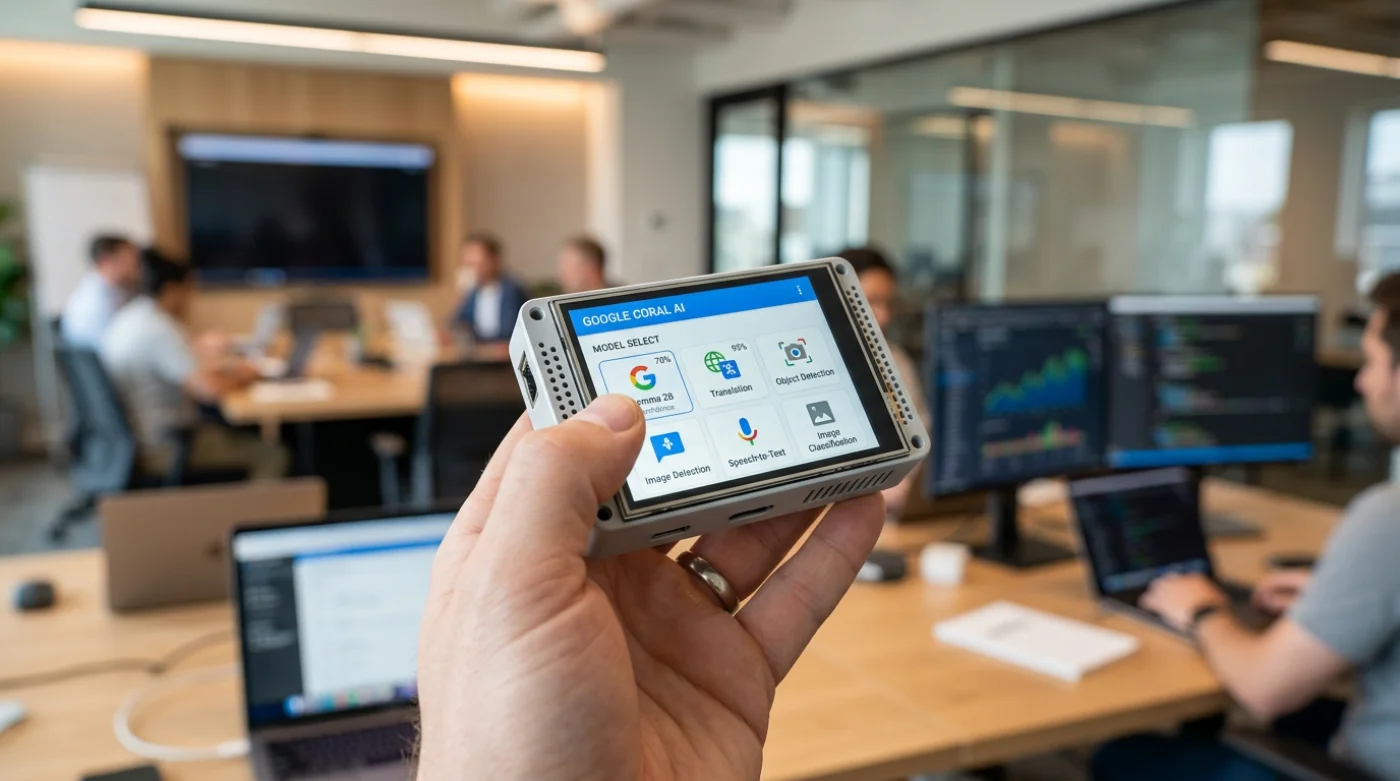 Google Coral Board - mały komputer z jednostką Coral NPU do lokalnego tłumaczenia mowy i działania AI bez internetu
