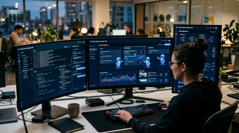 Użytkownik pracuje przy nowoczesnym stanowisku biurowym z wieloma monitorami wyświetlającymi zaawansowany system operacyjny agentów AI New Hermes, ukazujący interfejs zarządzania zespołem i panelami sterowania.