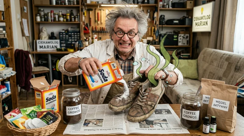 Buty z logo „Ciekawolog” na tle laboratorium chemicznego i sprzętu naukowego.