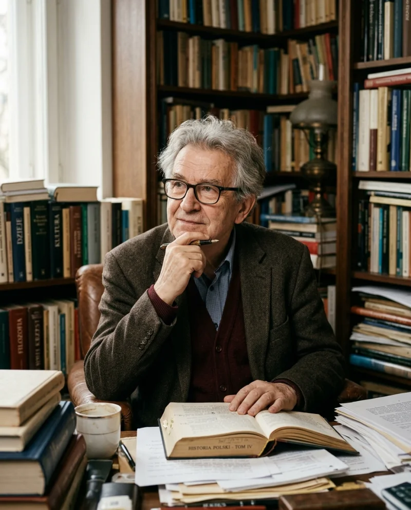 Starszy mężczyzna, profesor, siedzący w bibliotece, czytający książkę i popijający kawę.