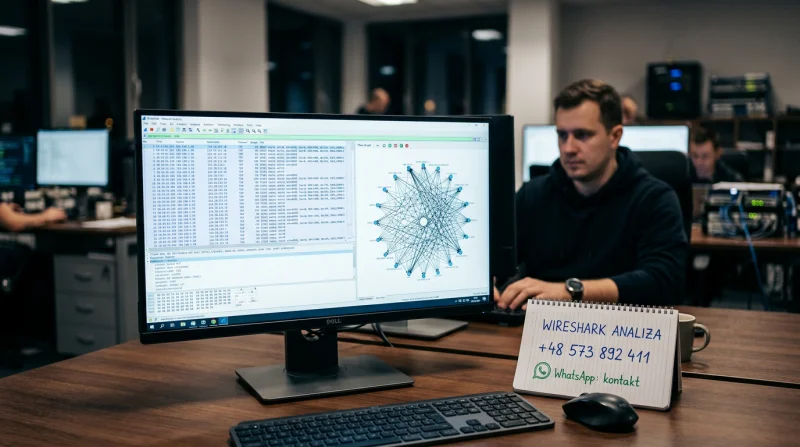 Ekran komputera wyświetlający analizę ruchu sieciowego w Wiresharku oraz logo WhatsApp obok, sugerujące badanie danych komunikacyjnych i prywatność.