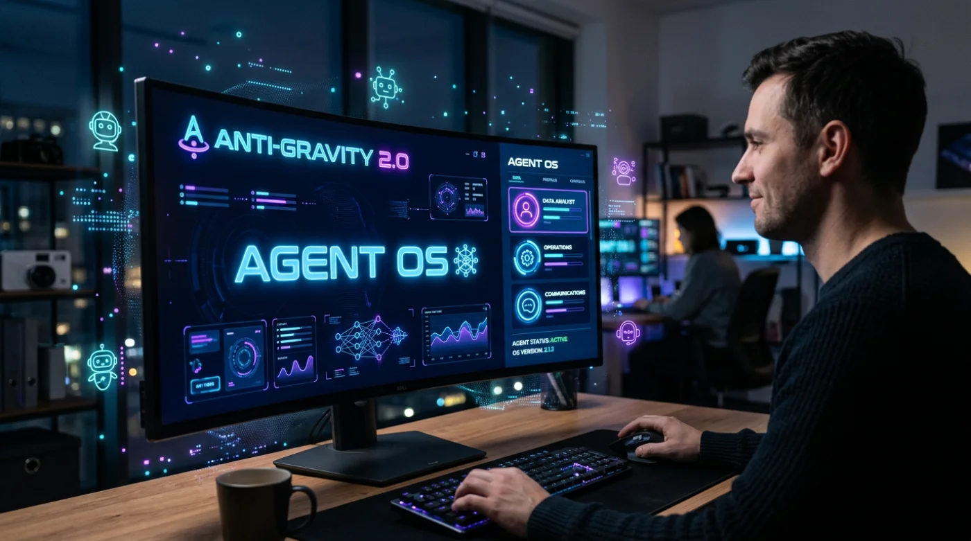 Nowoczesny system sterowania Agent OS z interfejsem Anti-Gravity 2.0 na monitorze w ciemnym biurze, symbolizujący automatyzację SEO.