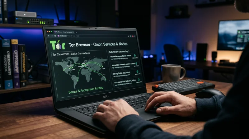 Interfejs przeglądarki Tor wyświetlający mapę węzłów sieci i informacje o bezpiecznych zakupach w Darknecie.