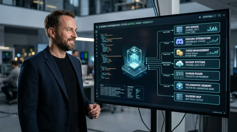 David Ondrej prezentuje na dużym monitorze interfejs konfiguracyjny zaawansowanego agenta AI Hermes, ukazujący siedem poziomów działania i moduły takie jak VPS Server, Discord Integration oraz Kanban Board.