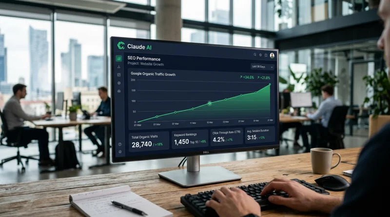 Panel kontrolny systemu AI Claude do monitorowania i zarządzania pozycjonowaniem stron w Google. Wykresy pokazują wzrost ruchu organicznego i pozycji słów kluczowych, co sugeruje skuteczną strategię SEO.