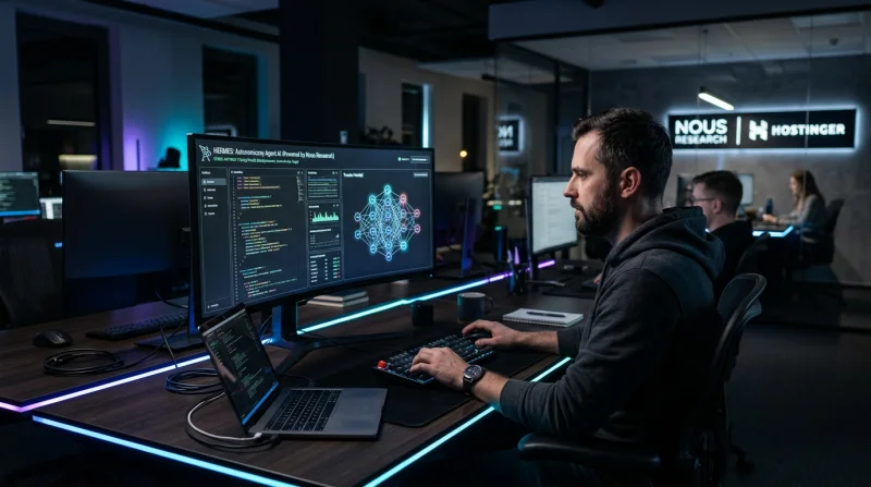 Młody mężczyzna w nowoczesnym biurze pracuje nad zaawansowanym systemem AI Hermes Agent, widocznym na monitorach i wyświetlaczach wizualizujących pamięć trwałej oraz kod.
