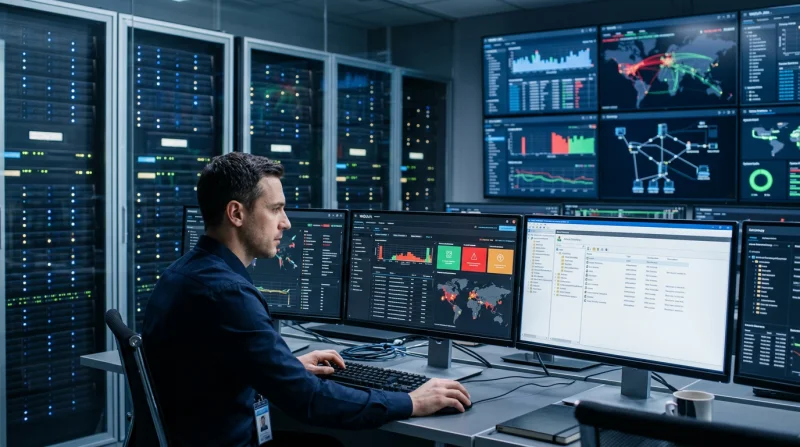 Specjaliści analizują dane monitoringu cyberbezpieczeństwa na ekranach w centrum danych, co ilustruje zarządzanie ryzykiem i wykrywanie zagrożeń sieciowych.