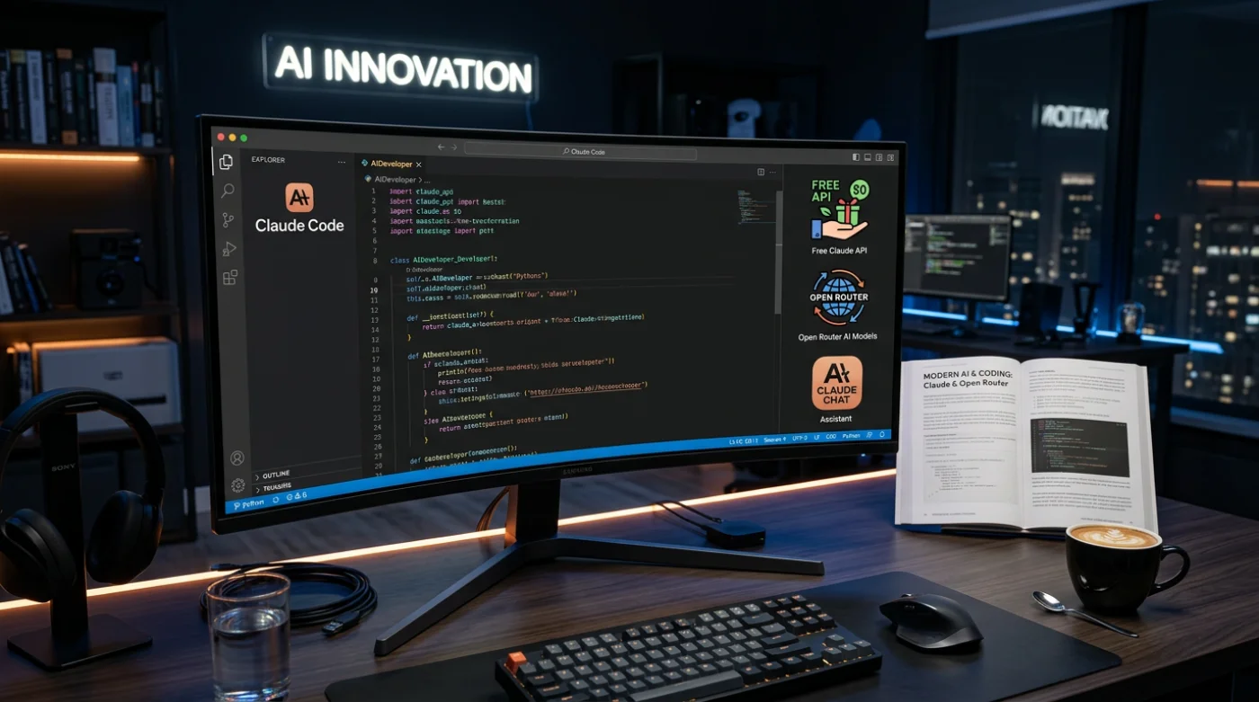 Nagłówek artykułu o darmowym asystencie AI Claude Code z interfejsem programistycznym i nowoczesnym biurkiem.