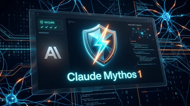 Wizualizacja panelu kontrolnego przedstawiająca model AI Claude Mythos 1, który zapewnia zaawansowane bezpieczeństwo oprogramowania i wykrywa luki w kodzie w czasie rzeczywistym.