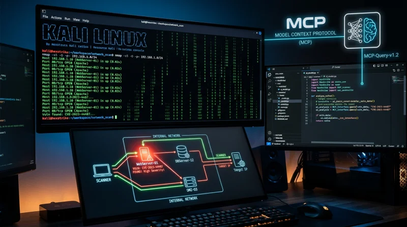 Interfejs edytora kodu i konsola Kali Linux pokazujące działanie narzędzia HexStrike do automatyzacji testów penetracyjnych oraz wizualizację wewnętrznej sieci komputerowej.