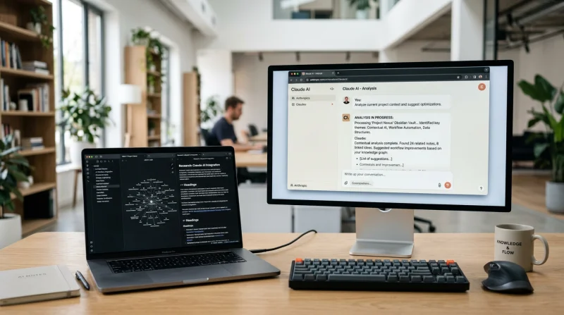 Interfejs systemu zarządzania wiedzą na laptopie, pokazujący integrację Obsidian i Claude AI do tworzenia wiecznej pamięci dla asystentów sztucznej inteligencji.