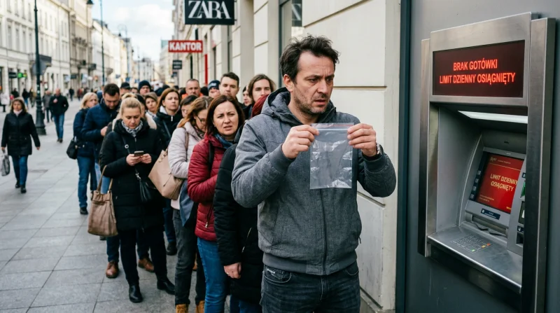 Mężczyzna w średnim wieku stoi przed bankomatem z miną rozczarowania i frustracji, trzymając pustą torebkę, co symbolizuje problemy z dostępem do gotówki.