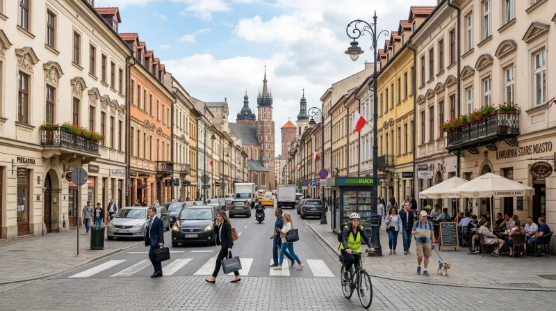 Ulica w historycznym centrum Krakowa z widocznym Kościołem Mariackim i przejściem dla pieszych