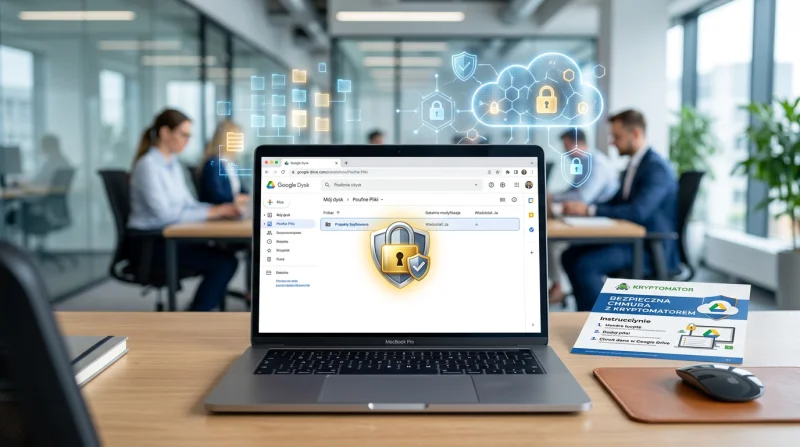 Laptop z interfejsem pokazującym proces szyfrowania danych w chmurze oraz zaszyfrowany folder Kryptomator. Ilustruje bezpieczne przechowywanie i zarządzanie prywatnymi informacjami cyfrowymi.
