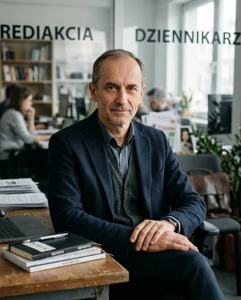 Zdjęcie portretowe dziennikarza w biurze redakcji, siedzącego przy stole z laptopem i notatkami.