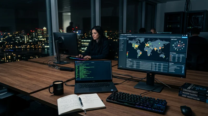Profesjonalne ujęcie pracy analityka OSINT w nowoczesnym biurze. Osoba pracuje przy komputerach i laptopie, analizując dane na monitorach z mapami świata i wykresami.