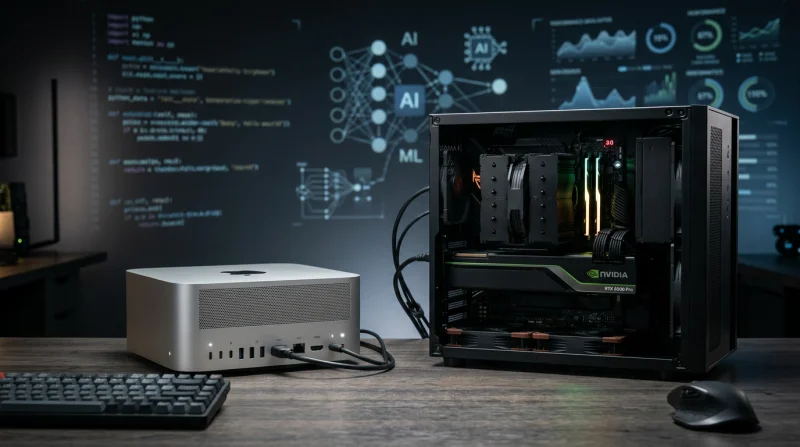 Porównanie wydajności komputerów Mac Studio i stacjonarnych PC wyposażonych w kartę graficzną NVIDIA RTX 6000 Pro Blackwell w nowoczesnym laboratorium AI.