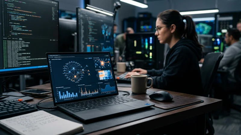 Specjalista analizuje dane na laptopie w ciemnym biurze; przedstawienie pracy z technikami OSINT i cyberbezpieczeństwem.
