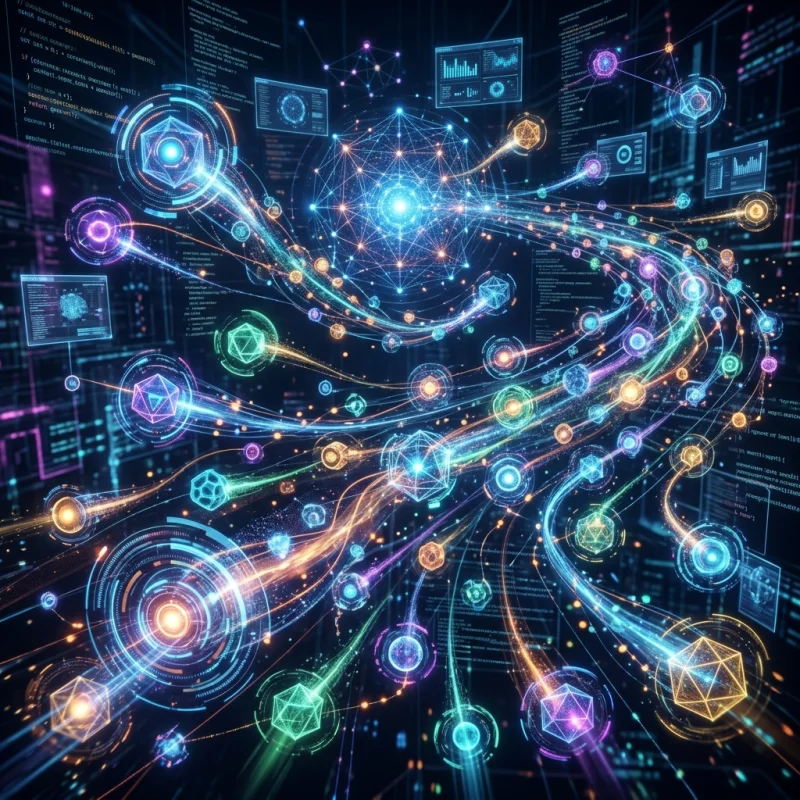 Dynamiczna wizualizacja sieci połączeń i danych związana z rozwojem inteligentnych agentów AI oraz zaawansowanej technologii informatycznej.
