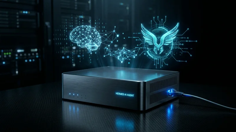 Nowoczesny serwer VPS z agentem sztucznej inteligencji Hermes na ciemnym tle. Obraz przedstawia fizyczną jednostkę obliczeniową otoczoną cyfrowymi elementami, takimi jak siatka neuronów i linie kodu, symbolizujące zaawansowaną tec