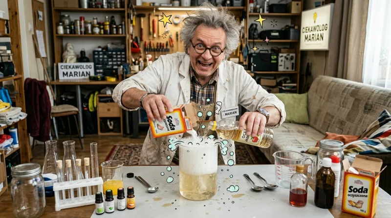 Zestaw edukacyjnych eksperymentów chemicznych i fizycznych na stole laboratoryjnym. Na pierwszym planie widoczne są różne substancje, sprzęt oraz książki z tematyką naukową.