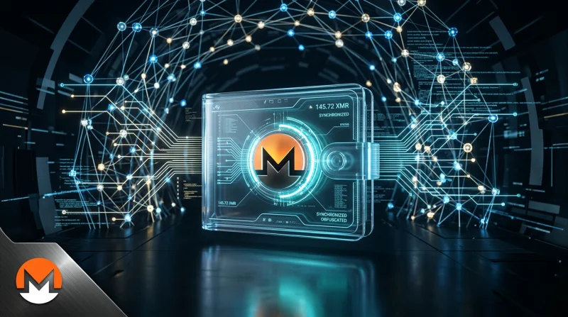 Cyfrowy interfejs przedstawiający portfel Monero (XMR) z wyświetlonym saldem 145.72 XMR, otoczony abstrakcyjną siatką połączeń danych i symbolizujący zaawansowane kryptowalutowe bezpieczeństwo.