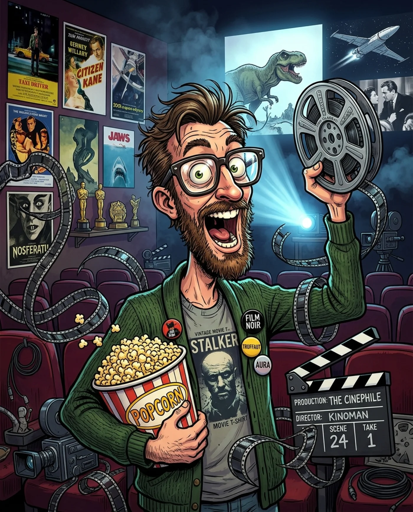Karykatura kinaologa trzymającego popcorn i dysk, otoczonego filmowymi motywami i postaciami z horrorów.