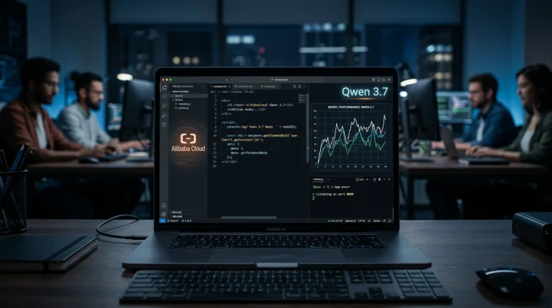 Ekran laptopa z interfejsem programistycznym pokazującym działanie modelu AI Qwen 3.7 od Alibaba Cloud. Interfejs zawiera kod źródłowy, analizę matematyczną oraz wykresy danych, sugerujące zaawansowane możliwości przetwarzania inf