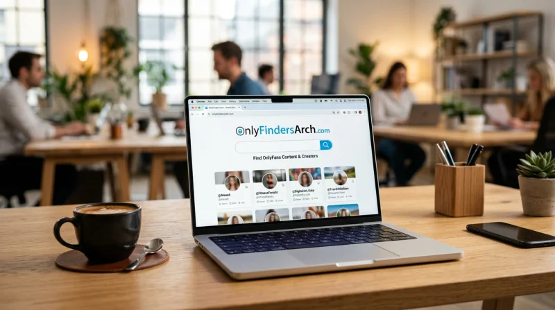 Strona z wyszukiwarką profili OnlyFans na laptopie; interfejs pokazuje wyniki i opcje filtrowania
