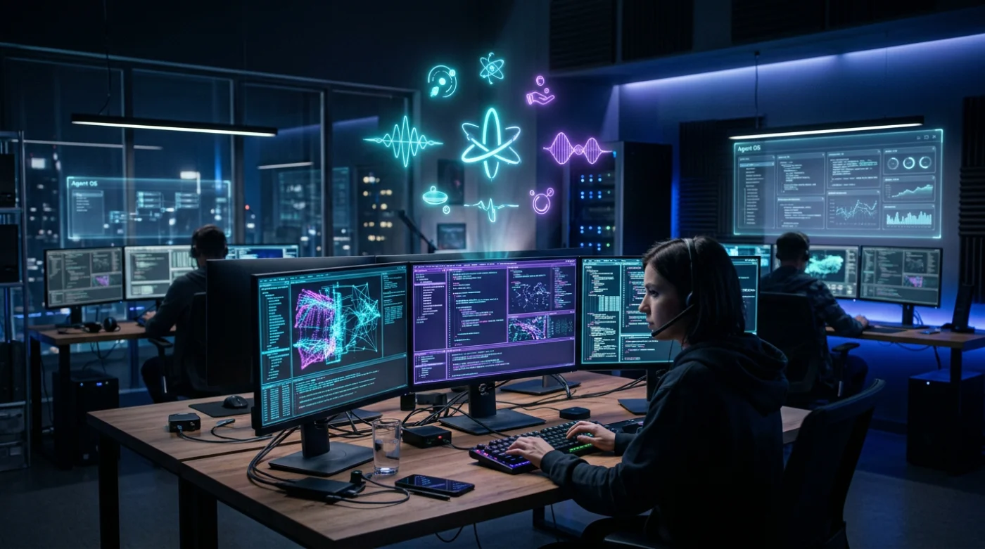 Nowoczesne studio deweloperskie z holograficznymi wizualizacjami technologii Anti-Gravity i Agent OS, symbolizujące przyszłość automatyzacji kodu.