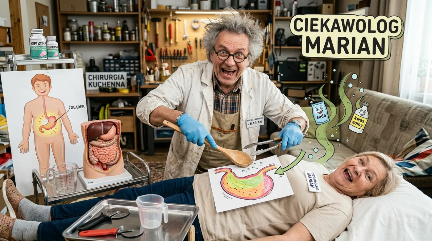 Grupa osób w laboratorium, gdzie prowadzący (Ciekawolog Marian) demonstruje eksperyment chemiczny z wykorzystaniem świec i płynów.