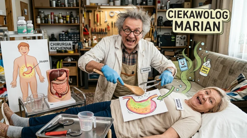 Grupa osób w laboratorium, gdzie prowadzący (Ciekawolog Marian) demonstruje eksperyment chemiczny z wykorzystaniem świec i płynów.