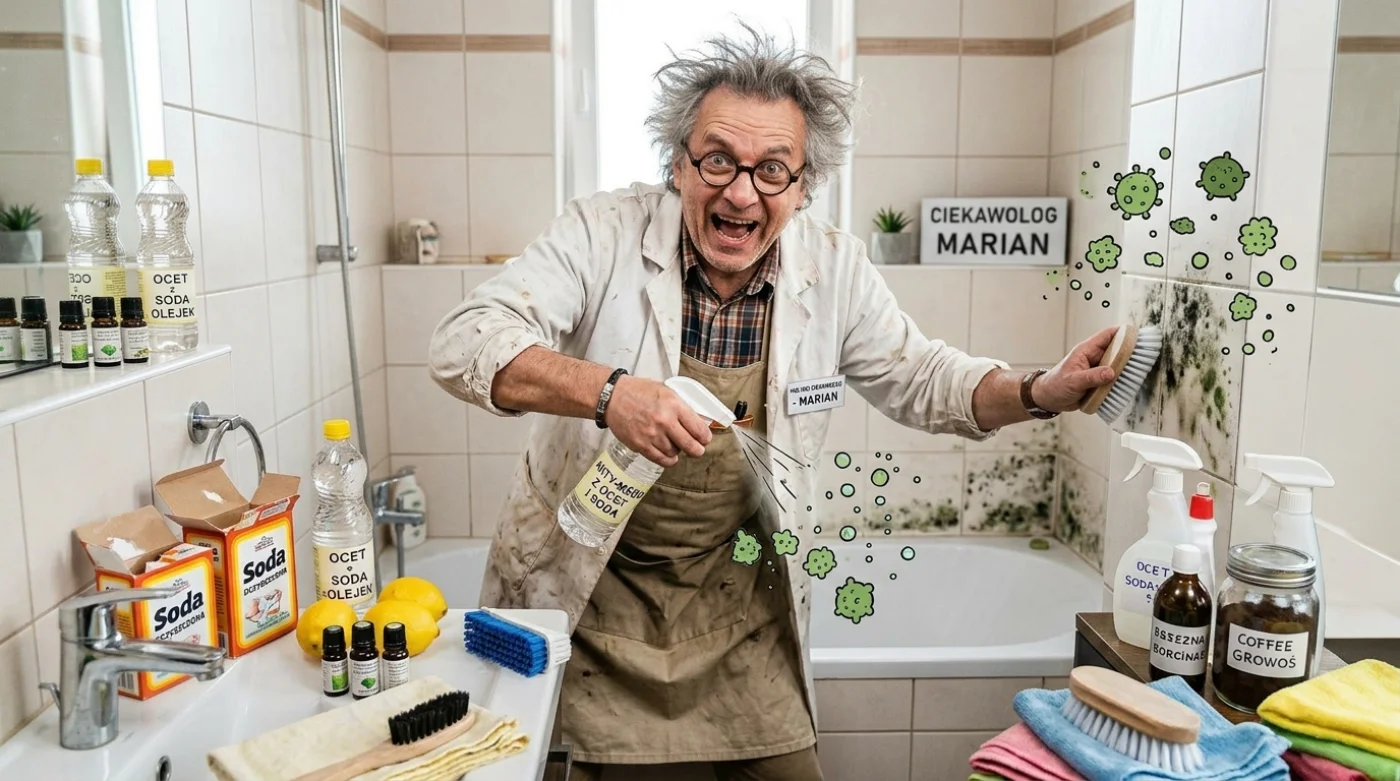Mężczyzna w okularach i fartuchu przeprowadza zabawnym sposobem eksperymenty chemiczne w łazience.