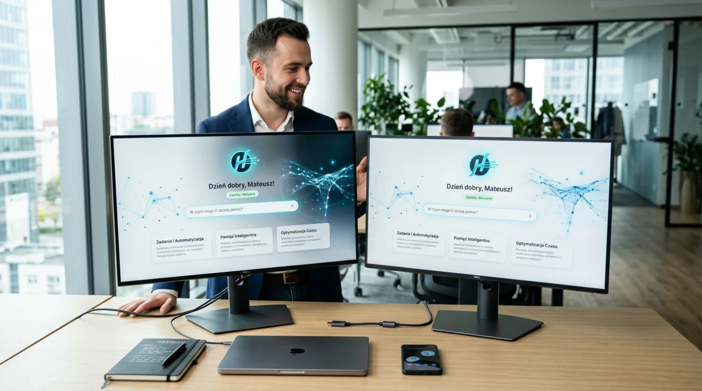 Nowoczesny interfejs asystenta AI Hermes Agent na biurku w jasnym biurze, symbolizujący inteligentną automatyzację i stabilną pracę.