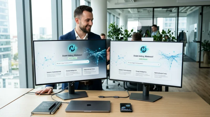 Nowoczesny interfejs asystenta AI Hermes Agent na blacie biurowym obok laptopa i notatnika Obsidian. Scena symbolizuje inteligentną automatyzację pracy w nowoczesnym, jasnym biurze.