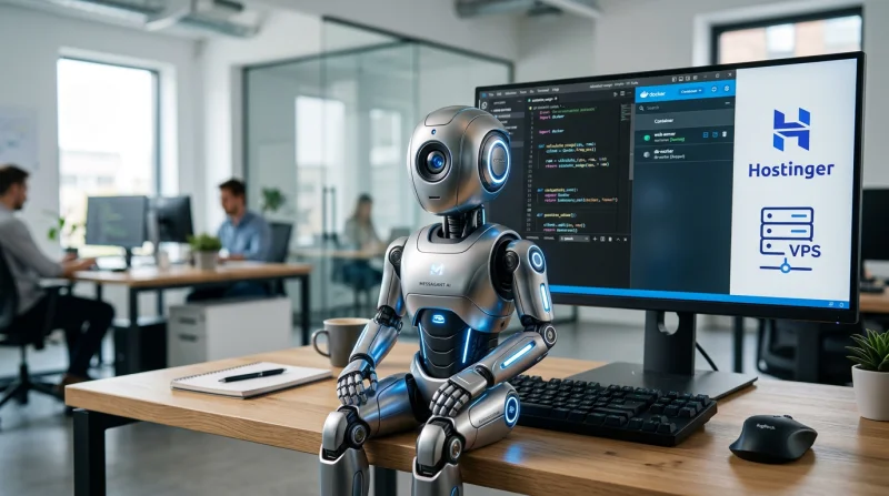 Robotyczny agent AI Messagant siedzi na biurku w nowoczesnym biurze obok monitora z panelami zarządzania VPS Hostinger.