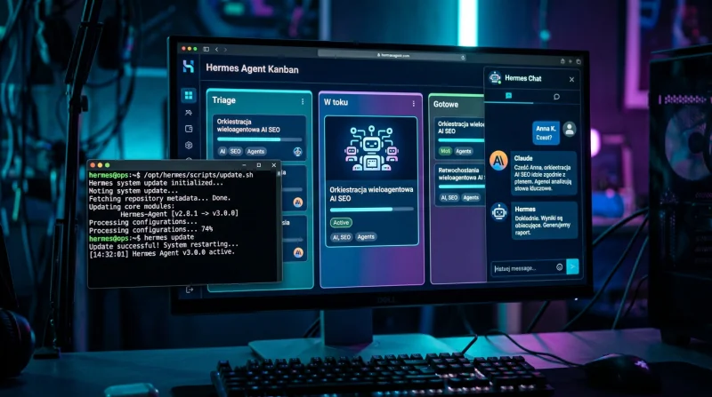 Panel sterowania narzędzia Hermes Agent Kanban w ciemnym stylu, pokazujący tablicę zadań i terminal z aktualizacją systemu.