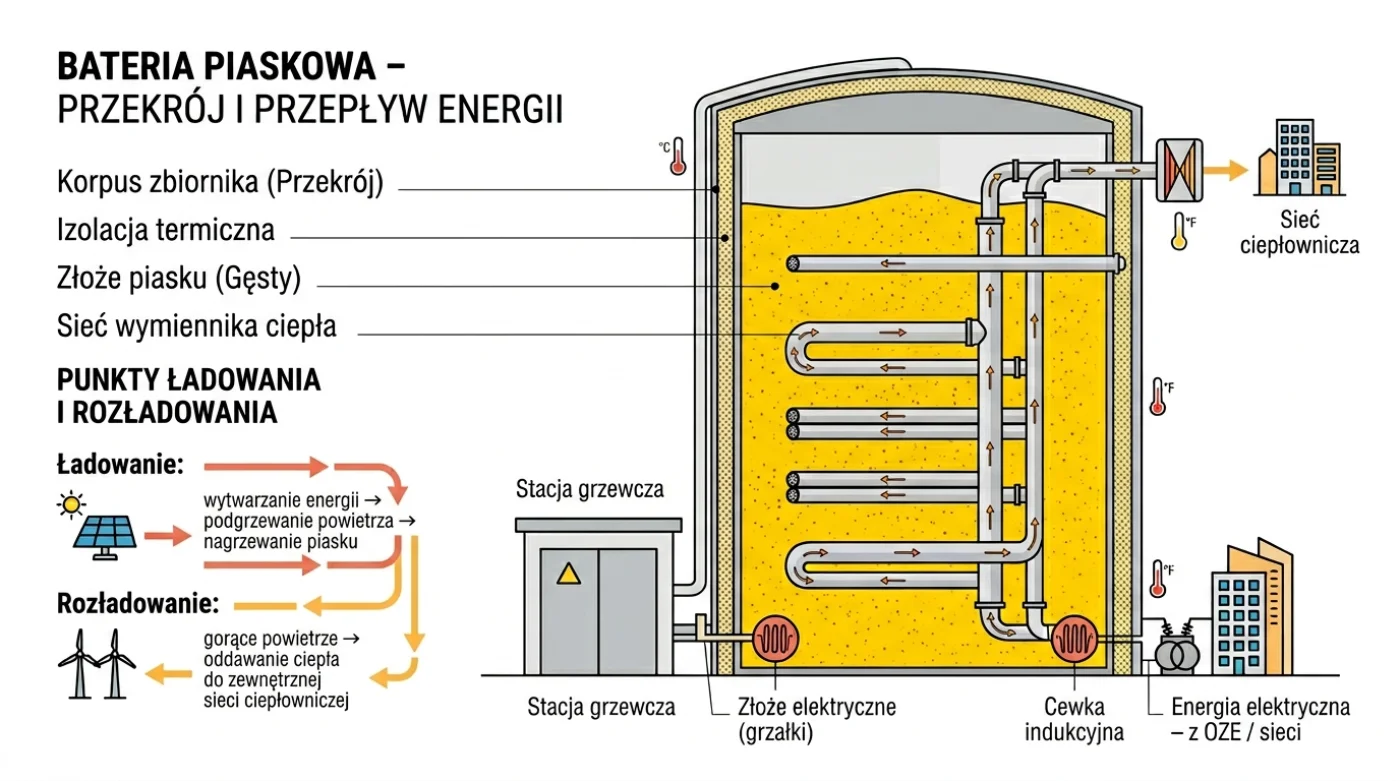 Schemat przekroju baterii piaskowej przedstawiający proces magazynowania i wykorzystania energii cieplnej w systemie grzewczym.