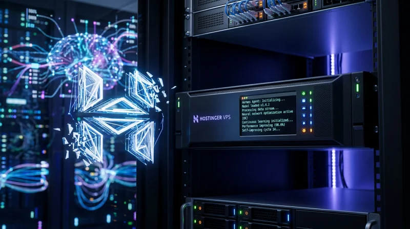 Interfejs terminala przedstawiający działanie zaawansowanego agenta AI Hermes na serwerze VPS. Wizualizacja pokazuje proces uczenia się i ewolucji inteligencji w czasie rzeczywistym, symbolizując postęp technologiczny.