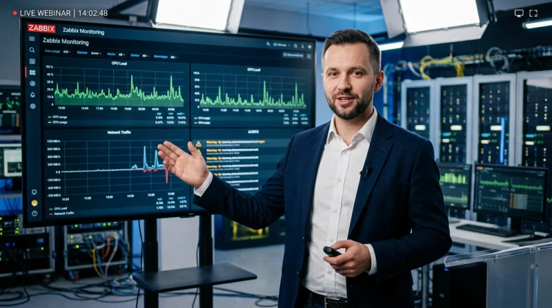 Mężczyzna w garniturze prezentuje wykresy obciążenia serwerów na dużym ekranie podczas webinaru o monitoringu IT z użyciem Zabbix.