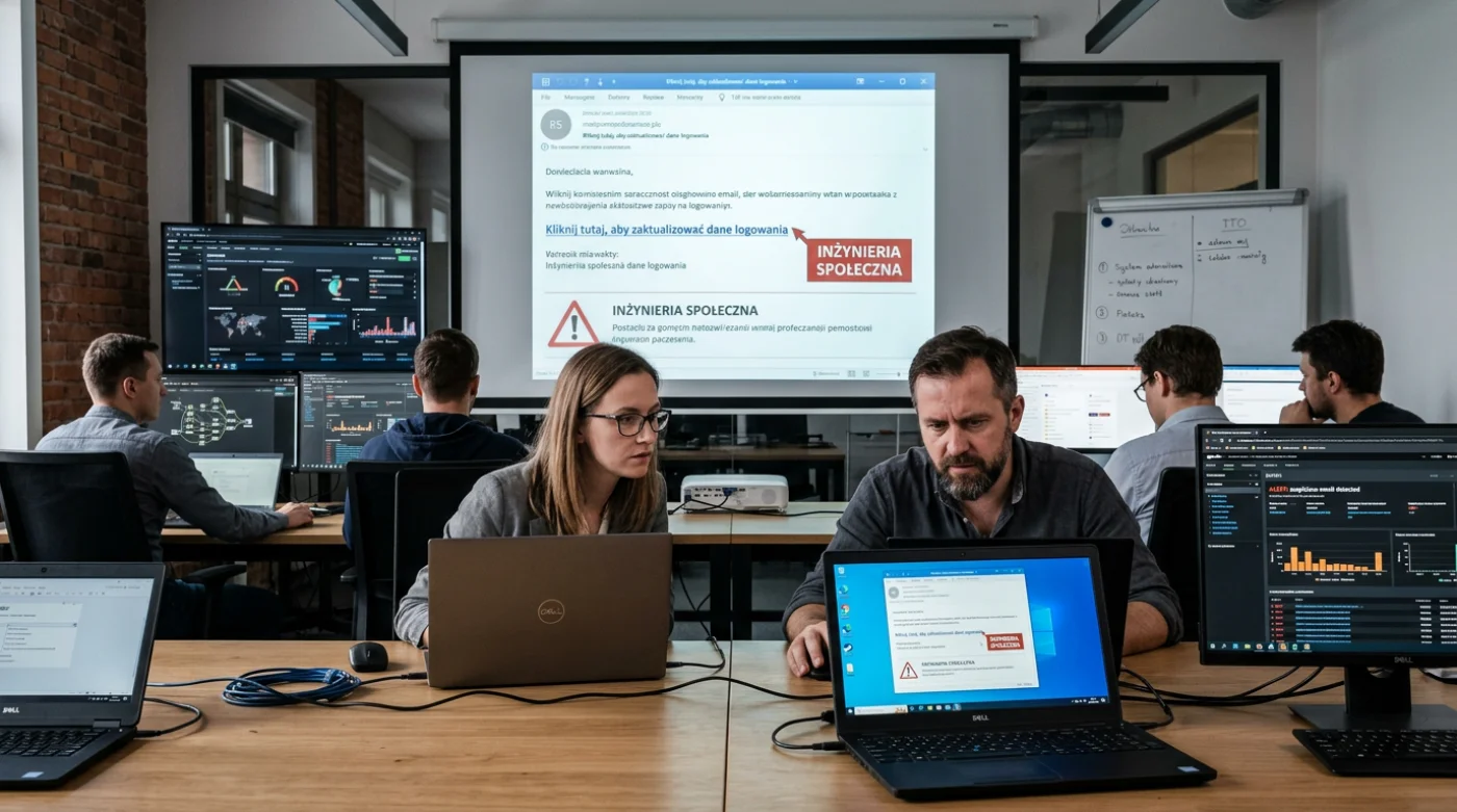 Zespół IT podczas szkolenia z odporności cybernetycznej i symulacji ataku phishingowego w nowoczesnej sali konferencyjnej.