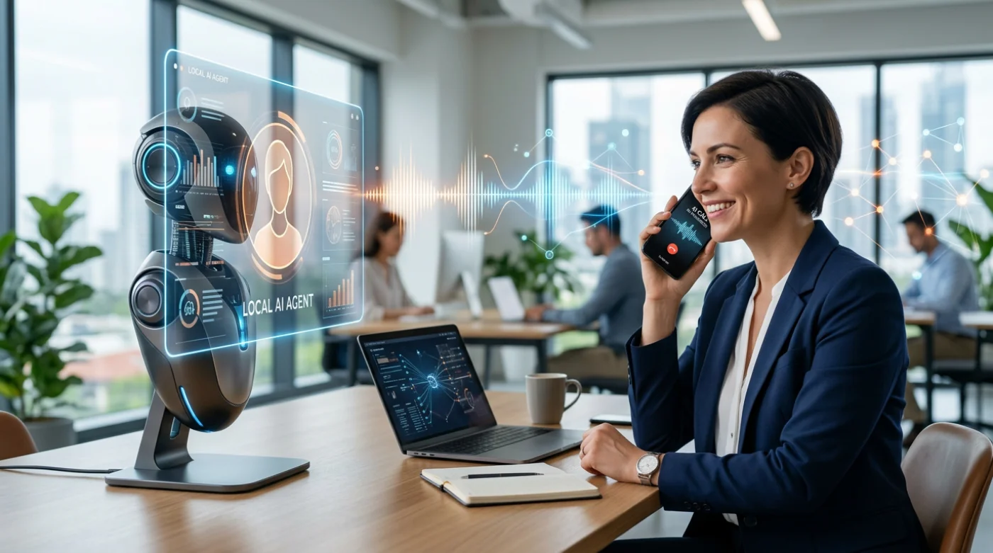 Nowoczesny agent AI rozmawia przez telefon z klientem w biurze, symbolizując automatyzację biznesową i lokalne wsparcie.