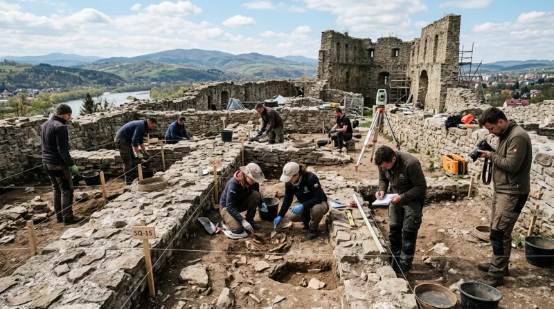 Archeolohowie pracują na wykopaliskach odsłaniających historyczne fundamenty średniowiecznych ruin zamkowych w malowniczej dolinie.
