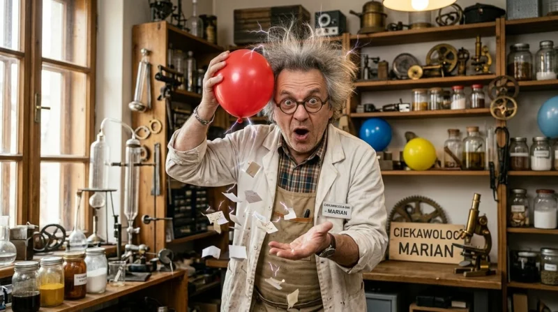 Mężczyzna w okularach i swetrze z dziwnym wyrazem twarzy stoi wśród laboratoryjnego sprzętu, trzymając czerwony balon.