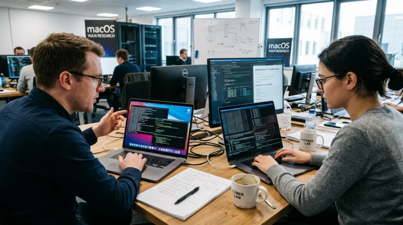 Dwóch specjalistów analizuje lukę w systemie macOS na ekranach komputerowych, co symbolizuje zaawansowane badania nad cyberbezpieczeństwem.